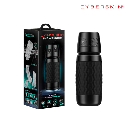 CyberSkin The Warrior. The black stroker shown with its retail packaging on white, a further angle.
