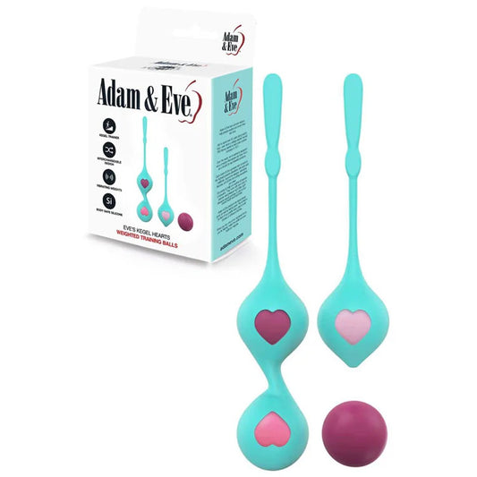Adam & Eve EVES KEGEL HEARTS. Full view of the teal product on a white background, wider framing.