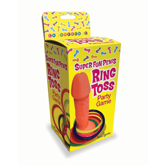 Super Fun Penis Ring Toss. The ring fitted on a demonstration model against white, a further angle.