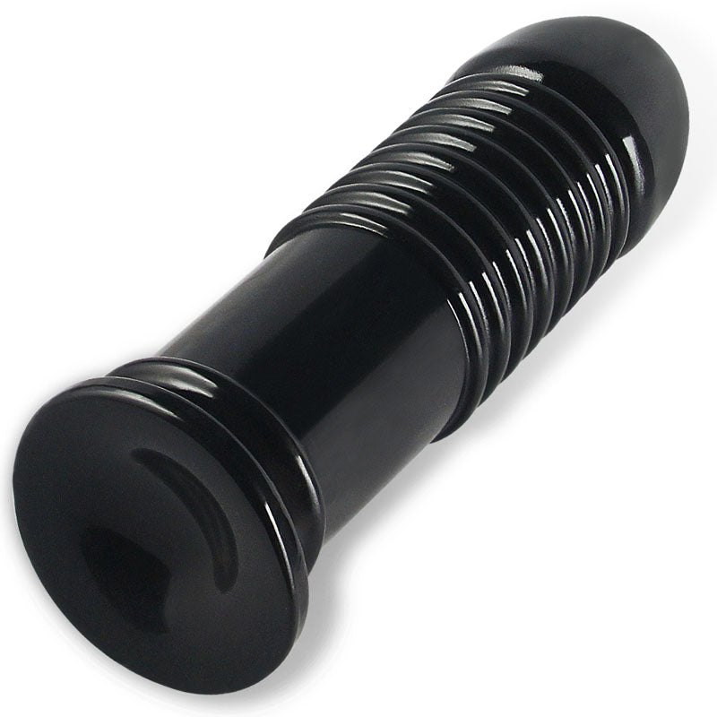 King Sized 8'' Anal Bumper. The black butt plug shown with its retail packaging on white, a fourth view.