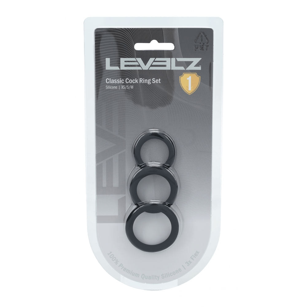 LEVELZ Classic Silicone Cock Ring Set - XS/S/M - Black Cock Rings