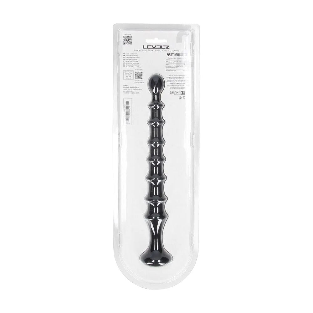 LEVELZ Ribbed Silicone Flared Anal Probe. Full view of the black anal beads on a white background, a fifth view.