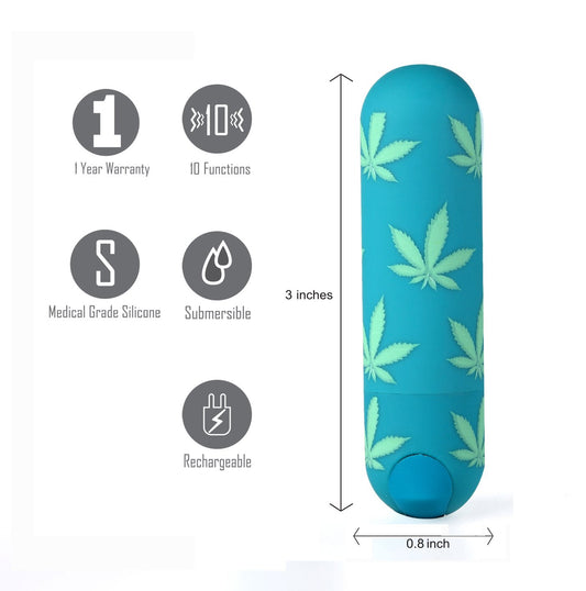 Maia Jessi 420 Emerald Green 7.6 cm USB Rechargeable Bullet. Feature icons for functions, silicone, charging, and submersible use.