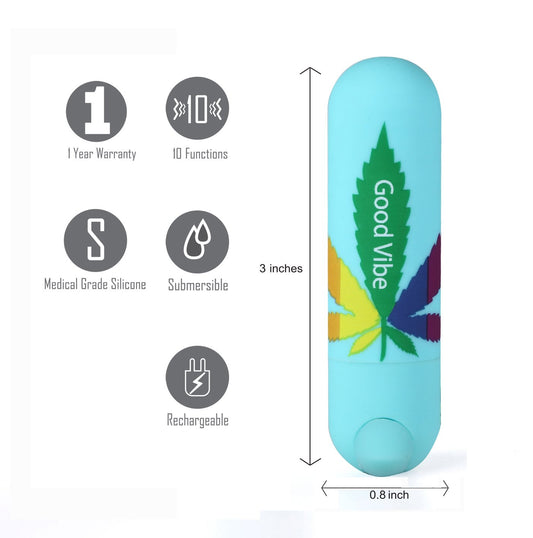Maia Jessi 420 Teal 7.6 cm USB Rechargeable Bullet. Feature icons for functions, silicone, charging, and submersible use.