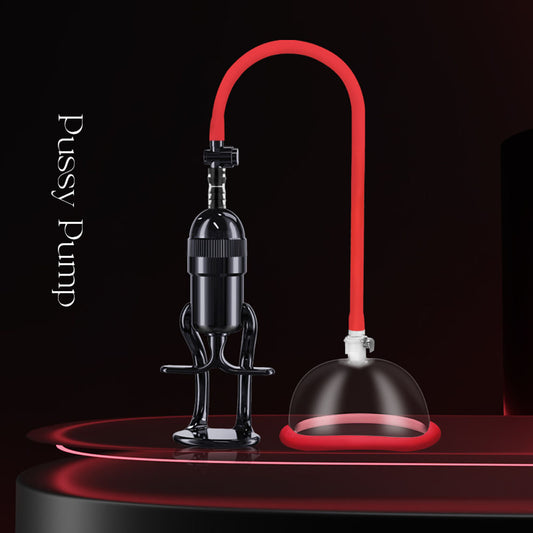 LuvPump Vagina Enhancement System. The red product on a coloured surface.