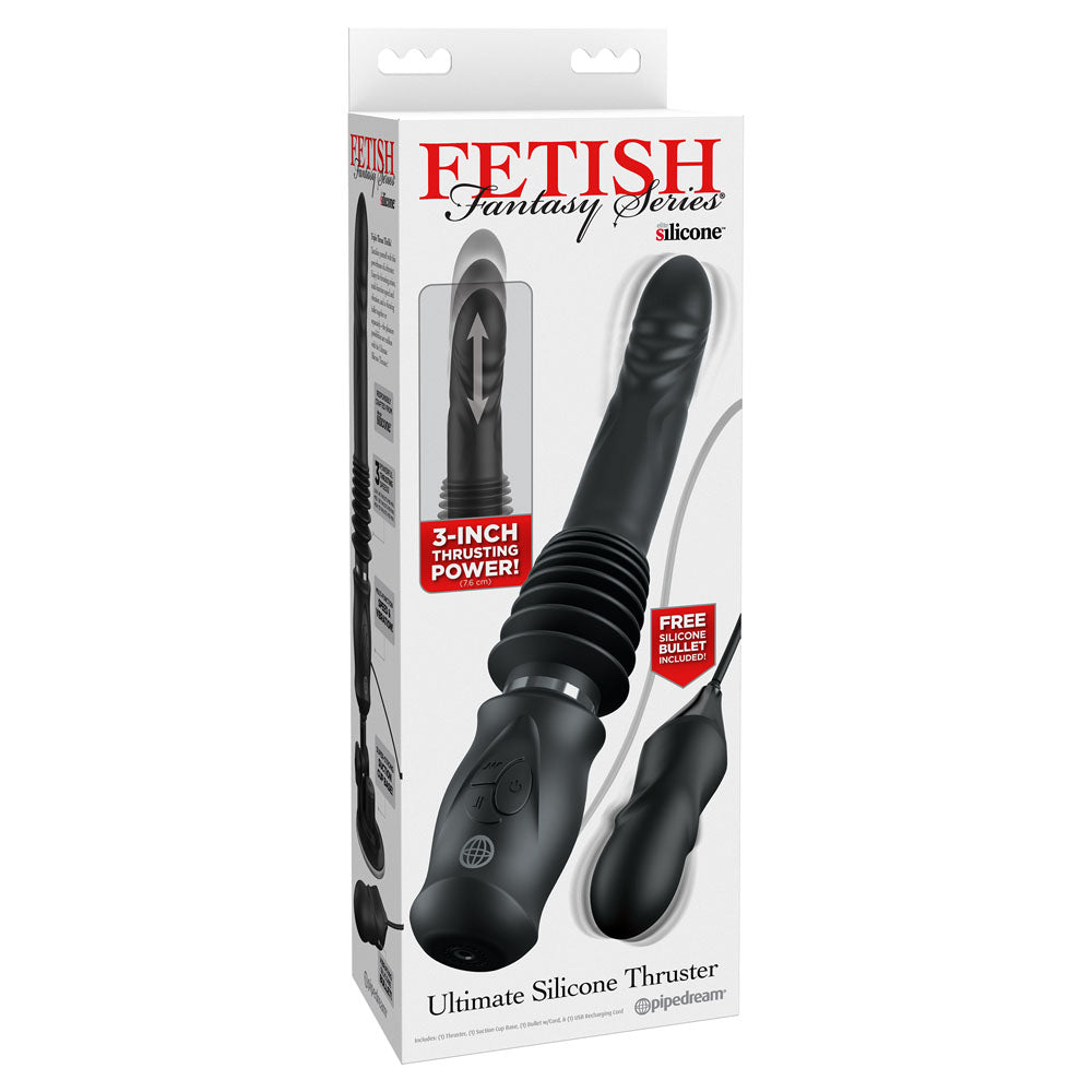 Package of a black silicone thuster with 'Fetish Fantasy Series' branding on a white background.