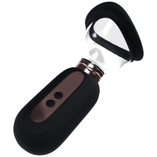 PUMPED Dazzling Auto Ladies Pump. The black product shown with its retail packaging on white, a further angle.