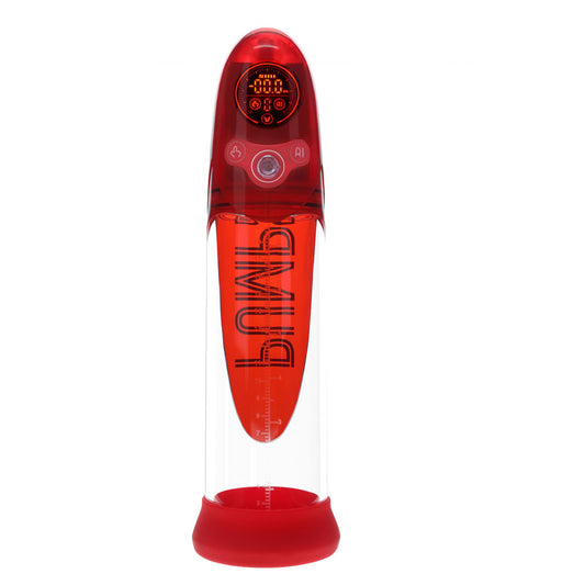 PUMPED -Pro Auto Pump / AI-Enabled Submersible Auto Penis Pump. Full view of the red product on a white background, wider framing.