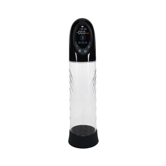 PUMPED CyberPulse Automatic Penis Pump. Full view of the black product on a white background, wider framing.