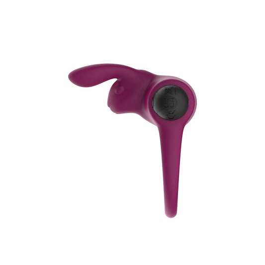 Passion Play Silicone Rabbit Vibrating Cockring. Full view of the purple ring on a white background, another angle.