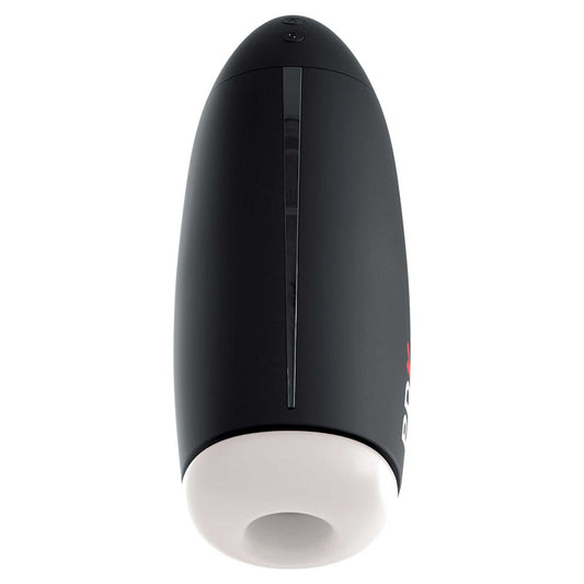 Pipedream Extreme Toys Elite Fap-O-Matic. The red stroker shown with its retail packaging on white, another angle.