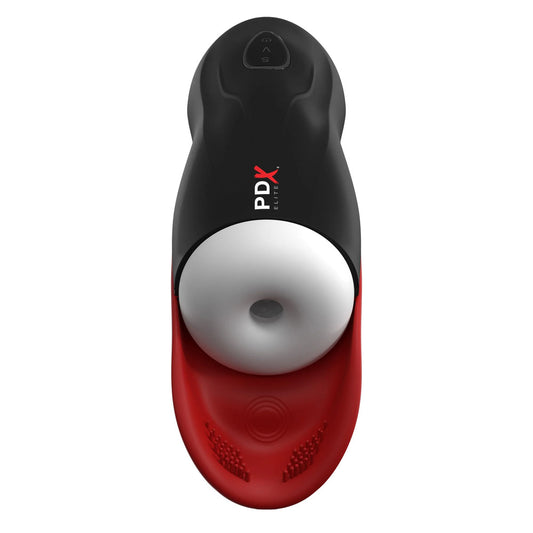 PDX Elite Fap-O-Matic Pro. Studio photo of the red stroker on a white background, wider framing.