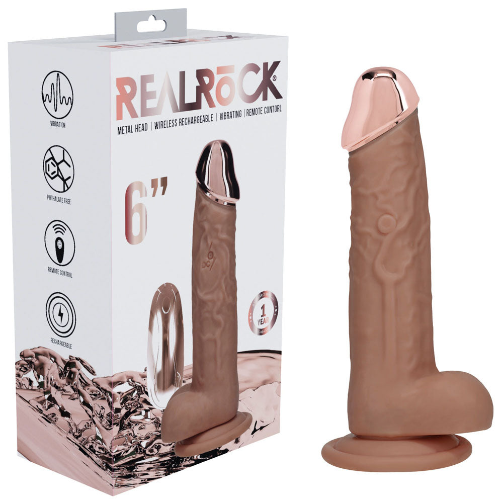 REALROCK Metal Head 6'' Rechargeable Dildo 16.2 cm USB Rechargeable Vibrating Dildo with Metal Head and Wireless Remote - Tan