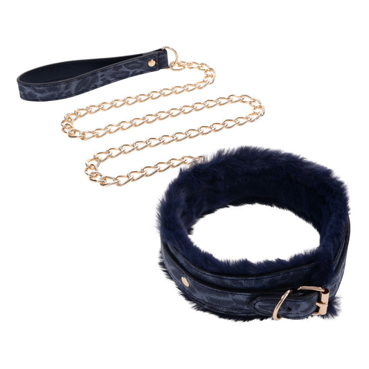 Sex & Mischief Cougar Fur Collar & Leash. Studio photo of the blue restraint on a white background.