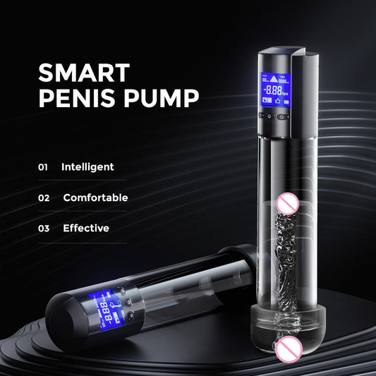 LuvPump Smart Penis Pump. The clear product on a coloured surface, tighter crop.