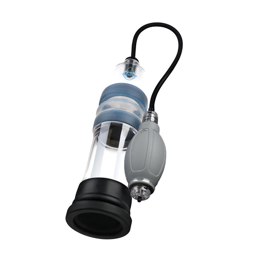 Zolo Aquapump Penis Pump. Full view of the clear product on a white background, wider framing.