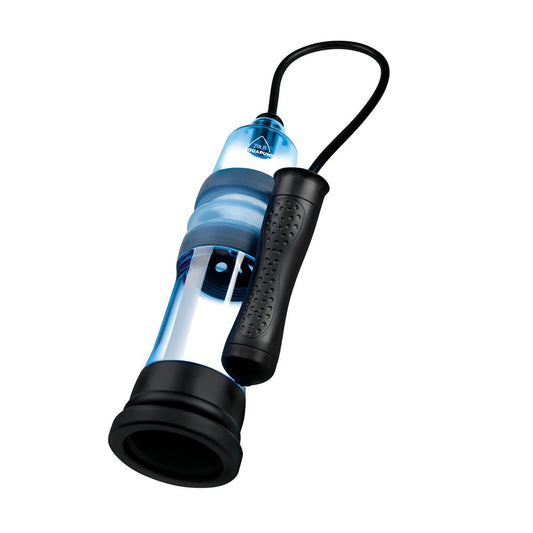 Zolo Aquapump Compact Auto Blue Penis Pump for Enhanced Pleasure. Full view of the product on a white background, wider framing.