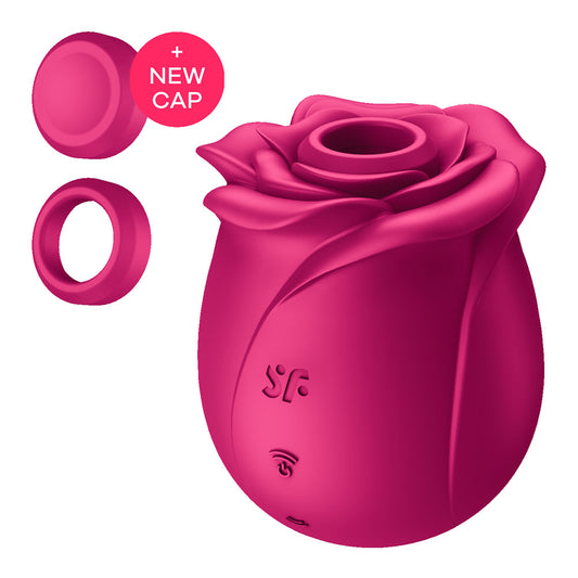 Pink rose-shaped product with a new cap on a white background