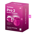 Pink packaging of Satisfyer Pro 2 Modern Blossom air pulse vibrator on a white background