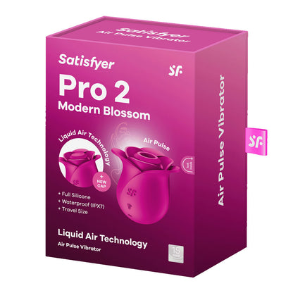 Pink packaging of Satisfyer Pro 2 Modern Blossom air pulse vibrator on a white background