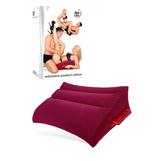Adam & Eve Inflatable Position Pillow. Full view of the red product on a white background, wider framing.