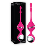 Pink and silver Kegel balls with packaging on a white background