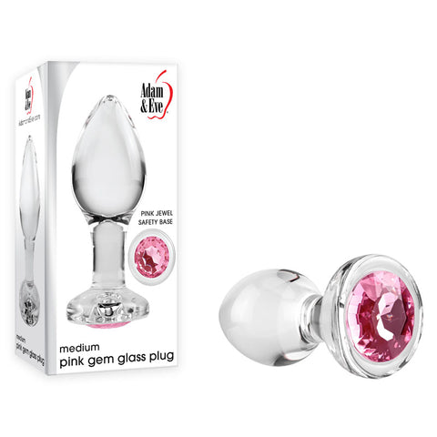 Adam & Eve PINK GEM GLASS PLUG MEDIUM - Clear Glass 8.7 cm Butt Plug with Pink Gem Base - Image 1