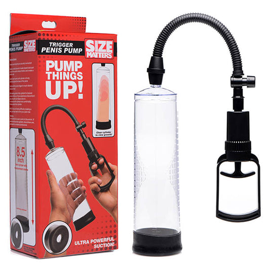 Size Matters Trigger Penis Pump. Studio photo of the clear product on a white background.