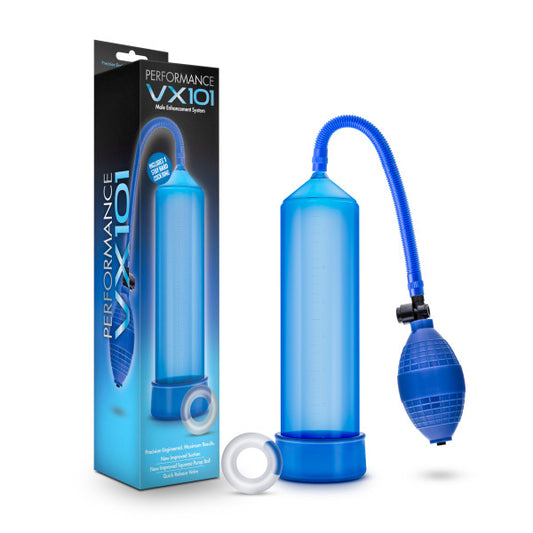 Performance VX101 Male Enhancement Pump. Studio photo of the blue product on a white background.