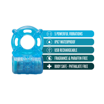 Stay Hard Rechargeable 5 Function Cock Ring - Blue Vibrating Cock Ring