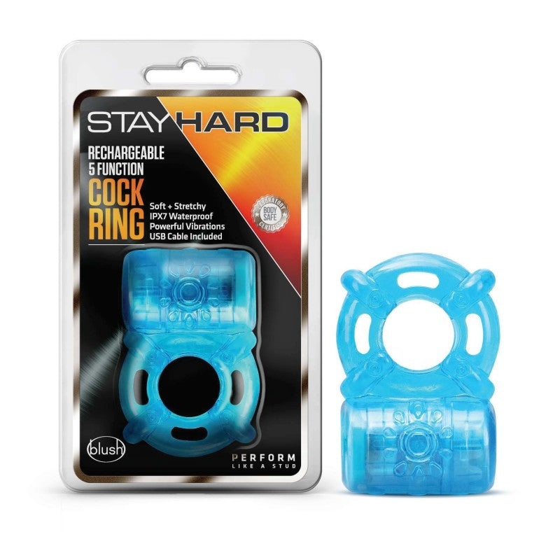 Stay Hard Rechargeable 5 Function Cock Ring - Blue Vibrating Cock Ring