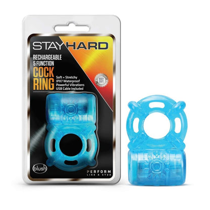 Stay Hard Rechargeable 5 Function Cock Ring - Blue Vibrating Cock Ring