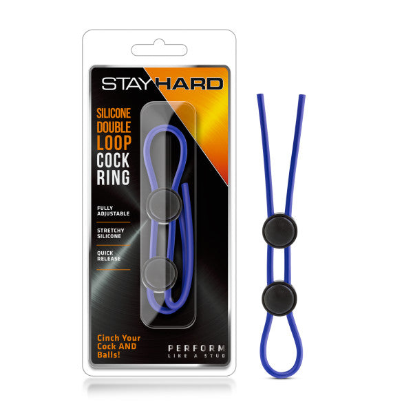 Stay Hard - Silicone Double Loop Cock Ring - Blue Adjustable Lasso Cock Ring - Image 1