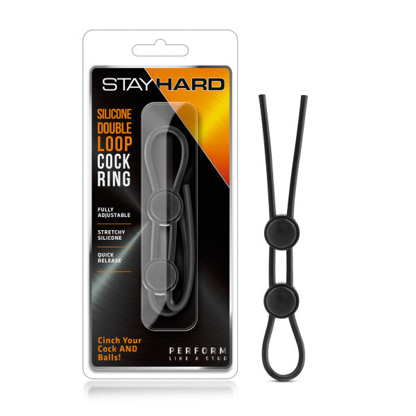 Stay Hard Silicone Double Loop Cock Ring - Black Adjustable Lasso
