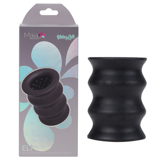 Maia ELI Black 10 cm Stroker Sleeve. The stroker shown with its retail packaging on white, another angle.