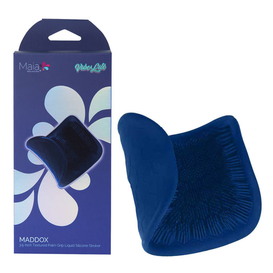 Maia MADDOX Blue Textured Stroker Sleeve. Studio photo of the stroker on a white background, another angle.