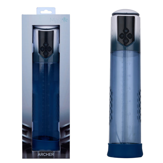 Maia ARCHER Blue USB Rechargeable Automatic Penis Pump. Studio photo of the product on a white background, another angle.
