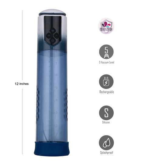 Maia ARCHER Blue USB Rechargeable Automatic Penis Pump. Feature icons including rechargeable use.