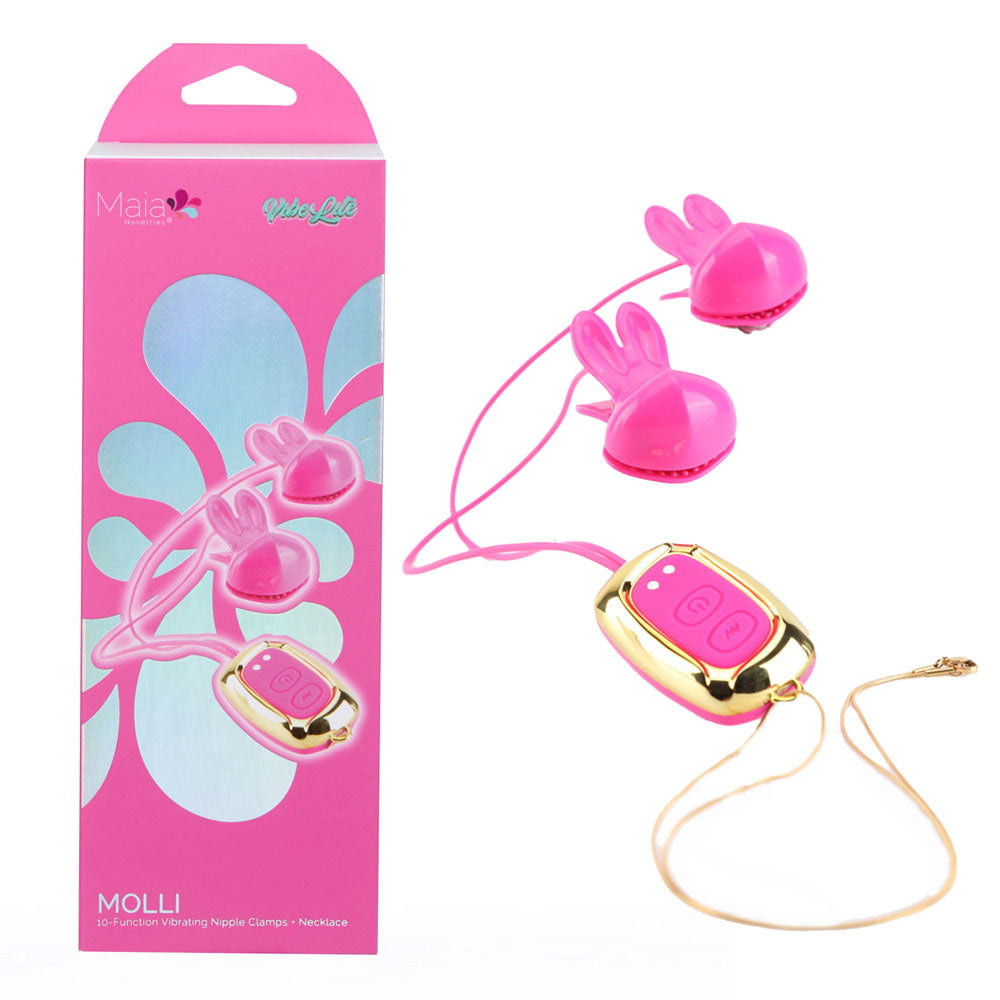 Maia MOLLI - Pink USB Rechargeable Vibrating Nipple Clamps & Necklace