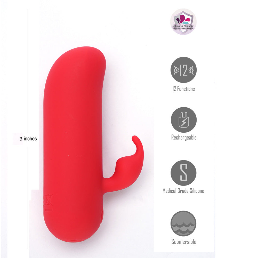 Maia ZIA Red 7.6 cm USB Rechargeable Mini Bullet Rabbit. Feature icons including rechargeable use.