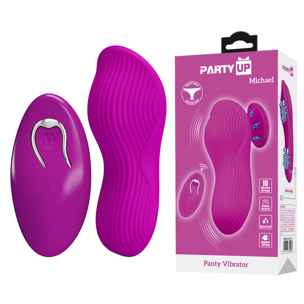 Purple panty vibrator with packaging labeled 'Party Up Michael' on a white background