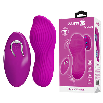 Purple panty vibrator with packaging labeled 'Party Up Michael' on a white background