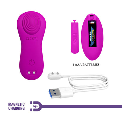 Purple electronic device with USB cable and AAA batteries on a white background
