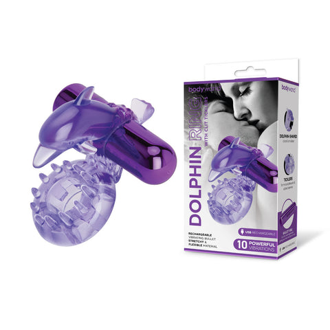 Bodywand Rechargeable Dolphin Ring with Clit Ticklers - Purple USB Rechargeable Vibrating Cock Ring - Image 1