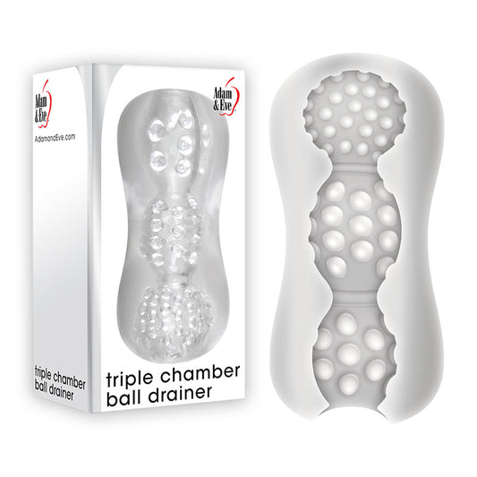 Adam & Eve Triple Chamber Ball Drainer. Studio photo of the clear stroker on a white background, another angle.