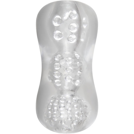 Adam & Eve Triple Chamber Ball Drainer. Studio photo of the clear stroker on a white background, a further angle.