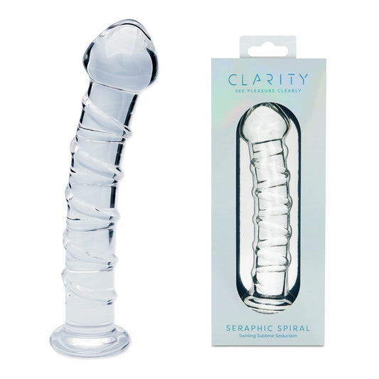Clarity Seraphic Spiral. Studio photo of the clear dildo on a white background, another angle.
