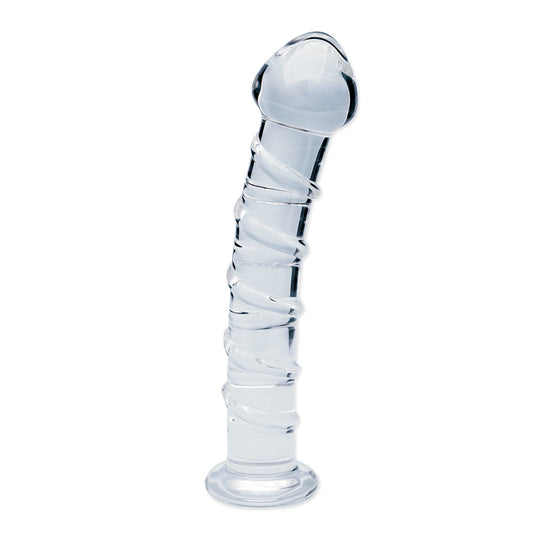 Clarity Seraphic Spiral. Full view of the clear dildo on a white background, wider framing.