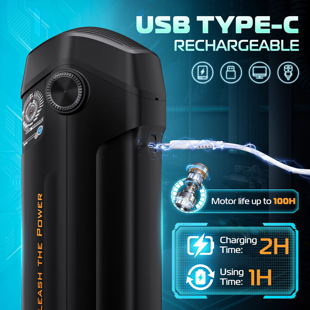 CyberSkin The Titan. Feature icons including rechargeable use.