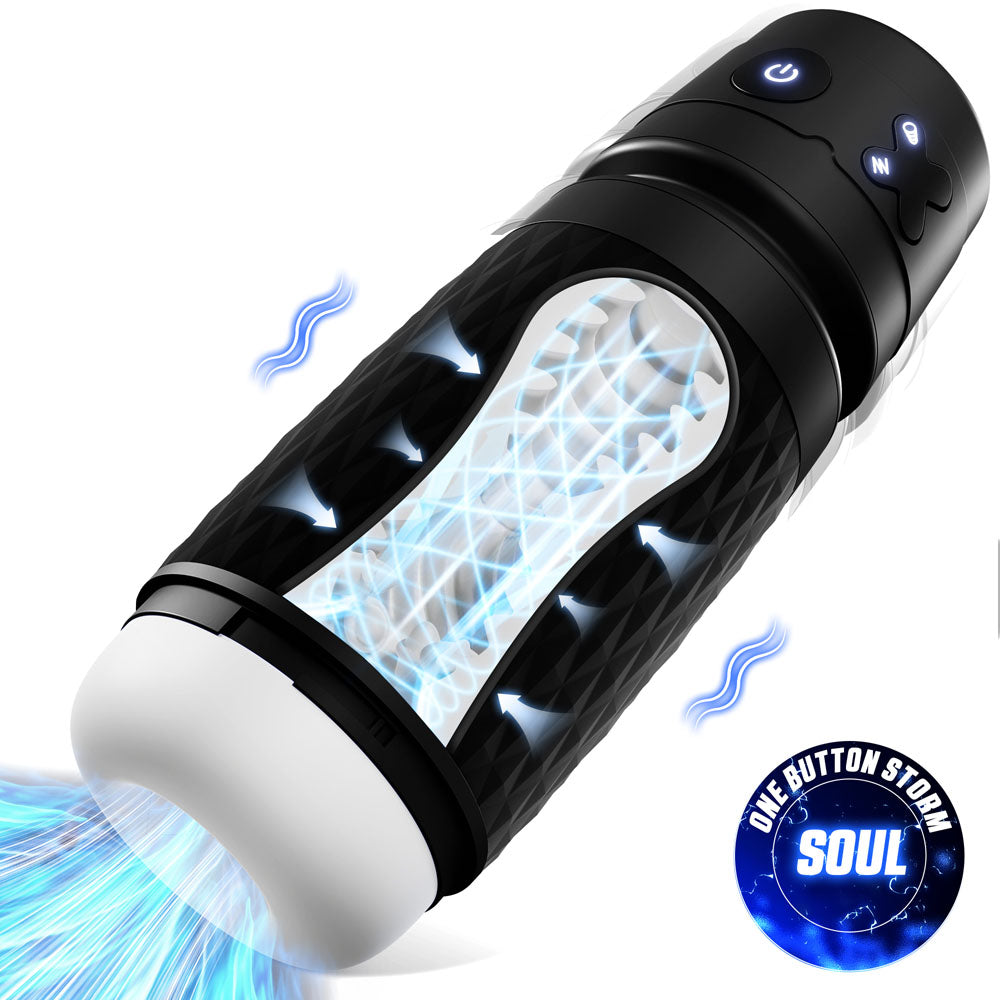 CyberSkin The Warrior. The black stroker shown with its retail packaging on white, another angle.